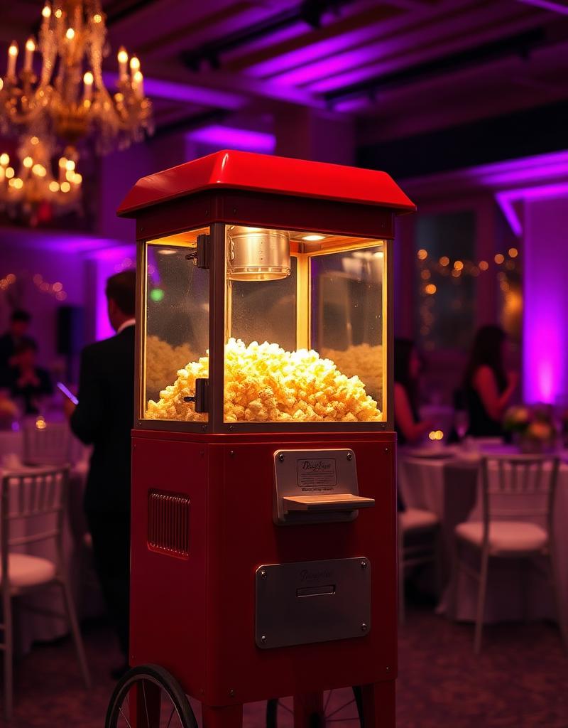 Salle de réception décorée avec machine à popcorn et éclairage d'ambiance