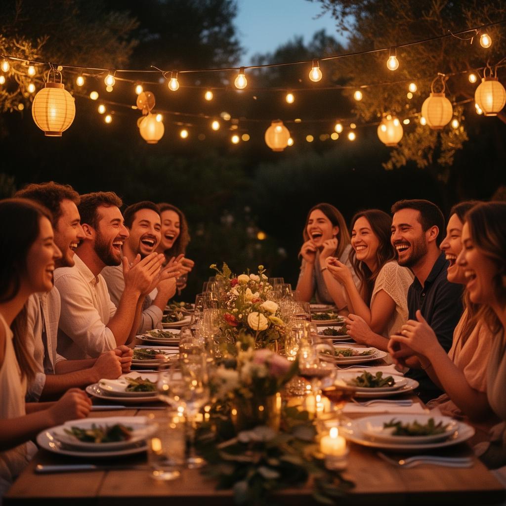 Équipe lors d'un évènement convivial sous guirlandes lumineuses